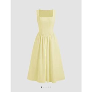 Cider Linen Blend Yellow Square Neck Midi Dress Sleeveless Size L Fit And Flare